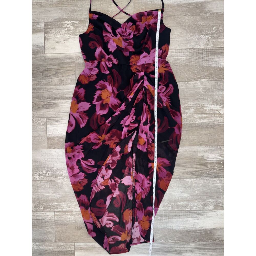 SHEIN BAE Curve NWT Black Pink Floral Ruched Midi Dress Cowl Neck Bodycon Party - Picture 11 of 11